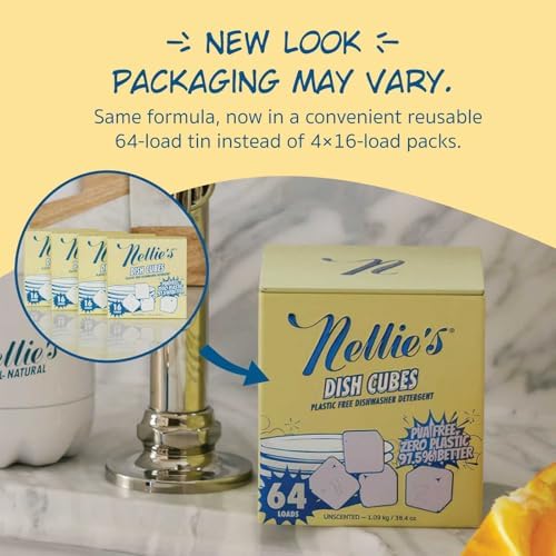 Cubos de Lavavajillas Nellie’s – Detergente Concentrado para 64 Cargas – Fórmula Sin Plástico (Libre de PVA) – Limpieza Potente para Grasa y Suciedad - imagen 2