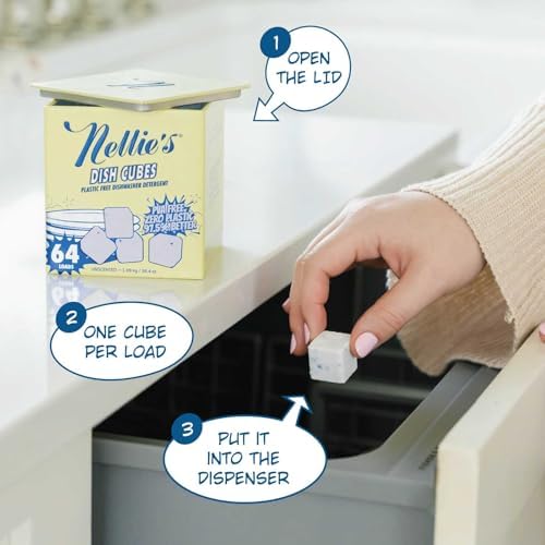 Cubos de Lavavajillas Nellie’s – Detergente Concentrado para 64 Cargas – Fórmula Sin Plástico (Libre de PVA) – Limpieza Potente para Grasa y Suciedad - imagen 4