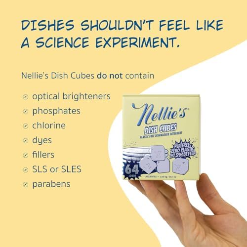 Cubos de Lavavajillas Nellie’s – Detergente Concentrado para 64 Cargas – Fórmula Sin Plástico (Libre de PVA) – Limpieza Potente para Grasa y Suciedad - imagen 5