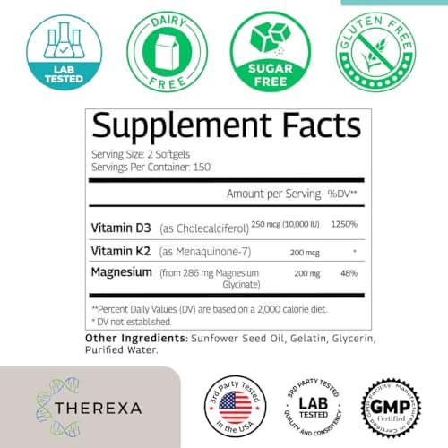 Suplemento de Vitamina D3 K2 10000 IU - Fórmula Extra Fuerte con 10,000 IU de Vitamina D3 + K2 MK-7 200 mcg y Complejo de Magnesio Glicinato - 300 - imagen 3