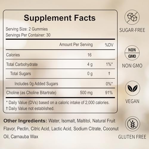 Gomitas HFELIZ de Colina Sin Azúcar, 500mg de Colina Bitartrato por Porción, Salud Cerebral, Apoyo Hepático, Enfoque y Energía, 60 Gomitas - imagen 2