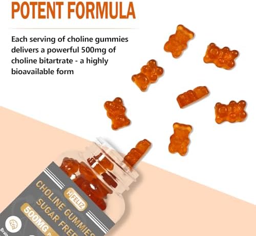 Gomitas HFELIZ de Colina Sin Azúcar, 500mg de Colina Bitartrato por Porción, Salud Cerebral, Apoyo Hepático, Enfoque y Energía, 60 Gomitas - imagen 4