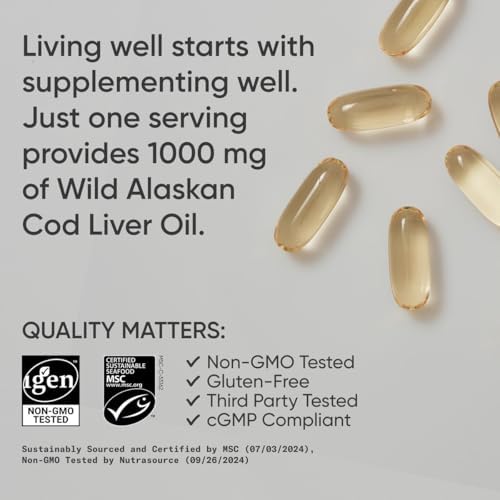 Aceite de Hígado de Bacalao Salvaje de Alaska Omega-3 1000mg con Vitaminas A (1000 UI) y D3 (400 UI) - Sin Eructos, Libre de Bovino, No GMO, - imagen 4