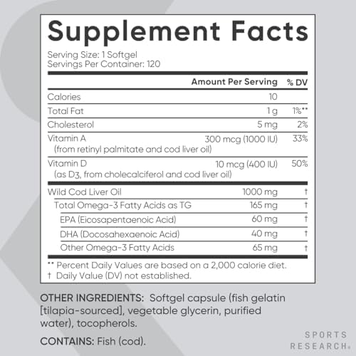 Aceite de Hígado de Bacalao Salvaje de Alaska Omega-3 1000mg con Vitaminas A (1000 UI) y D3 (400 UI) - Sin Eructos, Libre de Bovino, No GMO, - imagen 5