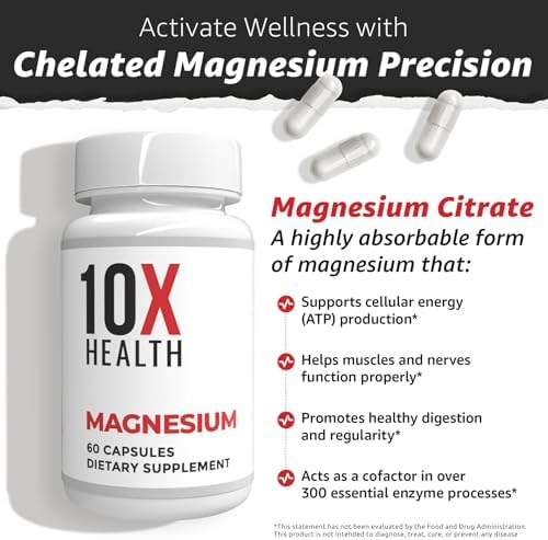 Suplemento de Citrato de Magnesio 10X Health - Alta Absorción para Sueño, Función Muscular y Soporte Nervioso - 60 Cápsulas (2 Meses) - imagen 3