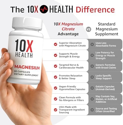 Suplemento de Citrato de Magnesio 10X Health - Alta Absorción para Sueño, Función Muscular y Soporte Nervioso - 60 Cápsulas (2 Meses) - imagen 4