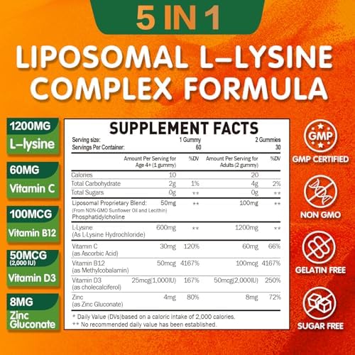 Gomitas Liposomales de L-Lisina 1200mg, Suplemento Masticable con Vitamina C, D3, B12 y Zinc, Apoyo Inmunológico y Colágeno, 60CT - imagen 2