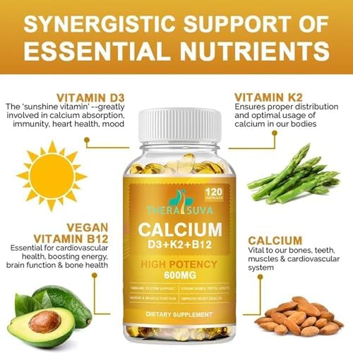 Suplemento Natural Complejo de Calcio 600mg + Vitamina D3 5000iu + K2 + B12, Fuerza Extra, Salud Ósea e Inmunológica, 120 Softgels, 2 Meses - imagen 3