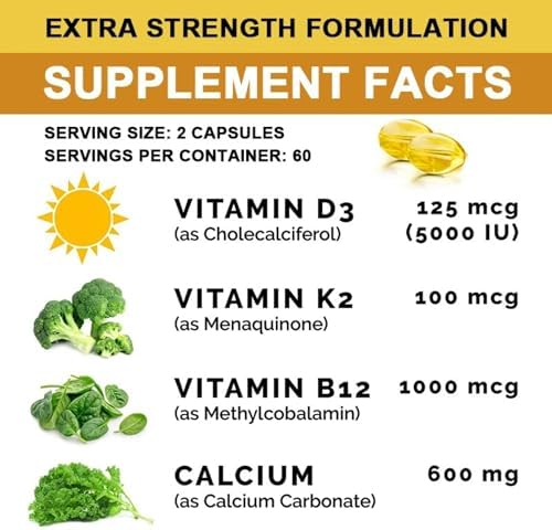 Suplemento Natural Complejo de Calcio 600mg + Vitamina D3 5000iu + K2 + B12, Fuerza Extra, Salud Ósea e Inmunológica, 120 Softgels, 2 Meses - imagen 5