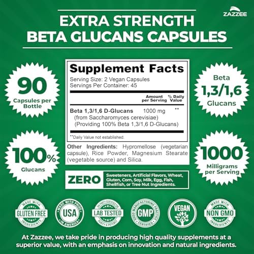 Zazzee Beta Glucanos Extra Fuertes 1,3/1,6, 1000 mg, 90 Cápsulas Veganas, Apoya el Sistema Inmunológico, 100% Natural y No Transgénico - imagen 3