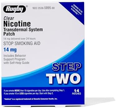Parche de Nicotina Rugby Clear - Sistema Transdérmico 14mg - Ayuda para Dejar de Fumar o Vapear - Paso 2 - 14 Piezas (1 Paquete) - imagen 1