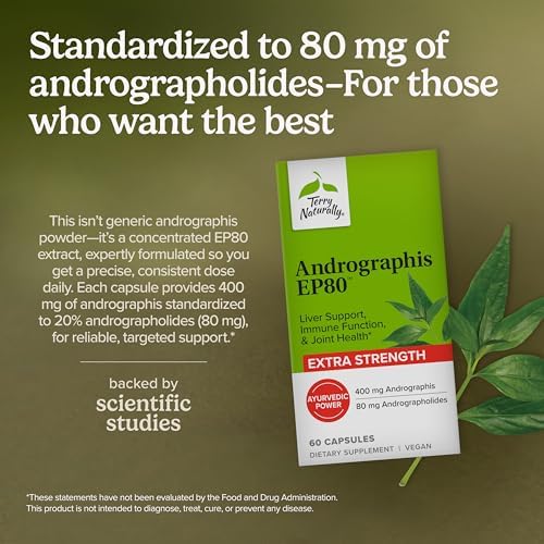 Terry Naturally Andrographis EP80 Extra Fuerte - Suplemento para la Salud del Cerebro e Inmunidad - 60 Cápsulas Veganas para Articulaciones y Energía - imagen 3