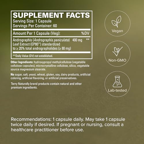 Terry Naturally Andrographis EP80 Extra Fuerte - Suplemento para la Salud del Cerebro e Inmunidad - 60 Cápsulas Veganas para Articulaciones y Energía - imagen 5
