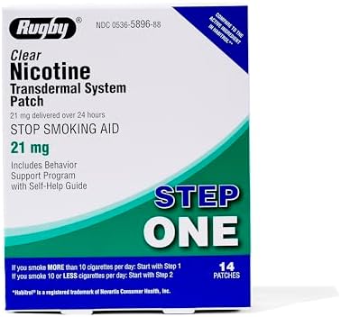 Parches de Nicotina Rugby Clear - Sistema Transdérmico 21mg - Ayuda para Dejar de Fumar o Vapear - Paso 1 - 14 Piezas (1 Paquete) - imagen 1