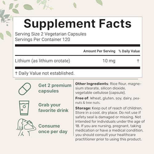 Lithium Orotate 10mg, 240 Cápsulas Veganas | 5mg por Cápsula | Mineral Traza de Alta Biodisponibilidad | Suplemento para el Cerebro y el Ánimo, Libre - imagen 2