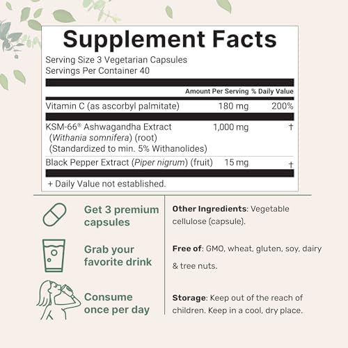 KSM-66 Ashwagandha 1,000mg por Porción | 120 Cápsulas Veganas con Pimienta Negra para Mejor Absorción y Vitamina C Liposoluble | Extracto Potente - imagen 2