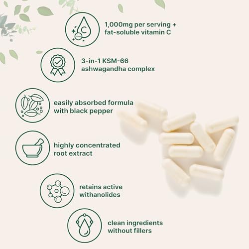 KSM-66 Ashwagandha 1,000mg por Porción | 120 Cápsulas Veganas con Pimienta Negra para Mejor Absorción y Vitamina C Liposoluble | Extracto Potente - imagen 3