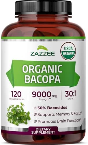 Zazzee Extracto de Bacopa Orgánico USDA 30:1, 50% Bacosidos, 120 Cápsulas Veganas, Suplemento Herbal para la Memoria y Cognición, Hecho en EE. UU. - imagen 1