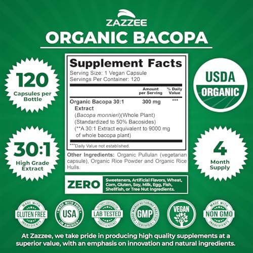 Zazzee Extracto de Bacopa Orgánico USDA 30:1, 50% Bacosidos, 120 Cápsulas Veganas, Suplemento Herbal para la Memoria y Cognición, Hecho en EE. UU. - imagen 3