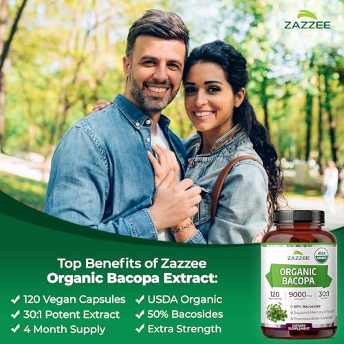 Zazzee Extracto de Bacopa Orgánico USDA 30:1, 50% Bacosidos, 120 Cápsulas Veganas, Suplemento Herbal para la Memoria y Cognición, Hecho en EE. UU. - imagen 4