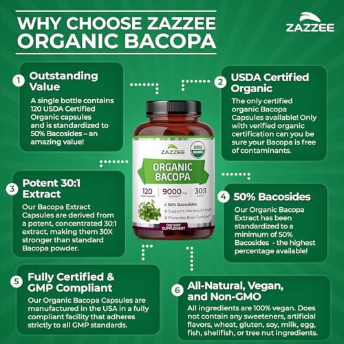 Zazzee Extracto de Bacopa Orgánico USDA 30:1, 50% Bacosidos, 120 Cápsulas Veganas, Suplemento Herbal para la Memoria y Cognición, Hecho en EE. UU. - imagen 6