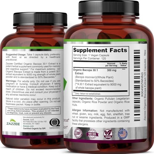 Zazzee Extracto de Bacopa Orgánico USDA 30:1, 50% Bacosidos, 120 Cápsulas Veganas, Suplemento Herbal para la Memoria y Cognición, Hecho en EE. UU. - imagen 8