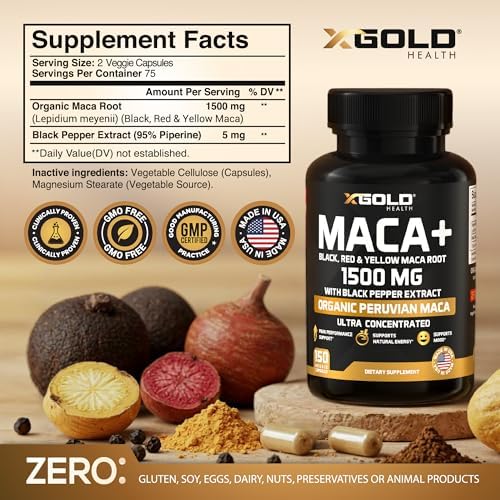X Gold Health Maca Raíz 1500mg para Energía y Libido – Mezcla Orgánica de Maca Peruana Negra, Roja y Amarilla – Apoyo a Hormonas y Vitalidad para - imagen 2