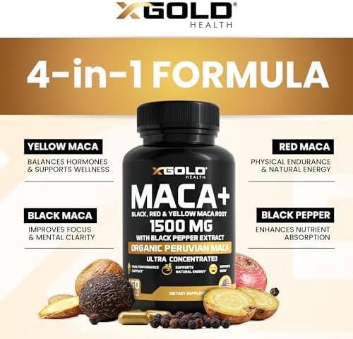 X Gold Health Maca Raíz 1500mg para Energía y Libido – Mezcla Orgánica de Maca Peruana Negra, Roja y Amarilla – Apoyo a Hormonas y Vitalidad para - imagen 3