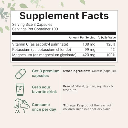 Suplemento de Potasio Puro con Magnesio Glicinato, 300 Cápsulas | Enriquecido con Vitamina C Liposoluble | Complejo Mineral Electrolito de Cloruro + - imagen 2
