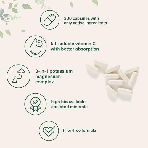 Suplemento de Potasio Puro con Magnesio Glicinato, 300 Cápsulas | Enriquecido con Vitamina C Liposoluble | Complejo Mineral Electrolito de Cloruro + - imagen 3