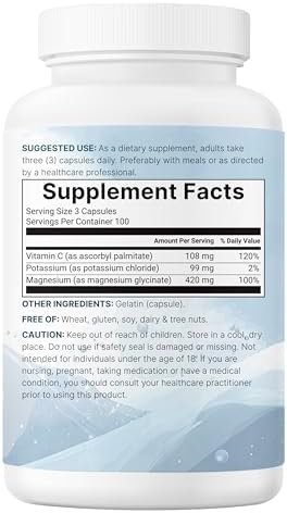 Suplemento de Potasio Puro con Magnesio Glicinato, 300 Cápsulas | Enriquecido con Vitamina C Liposoluble | Complejo Mineral Electrolito de Cloruro + - imagen 7