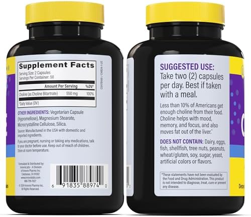 Suplemento de Colina InnovixLabs 550 mg, Colina Bitartrato Pura para Memoria y Concentración, Apoya la Función Hepática y Claridad Mental, 50 Días, - imagen 8