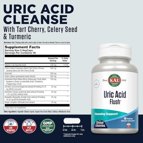 KAL Uric Acid Flush, Suplemento para la Salud Articular con Extracto de Cereza Ácida, Semilla de Apio y Cúrcuma, 30 Porciones, 60 VegCaps - imagen 3