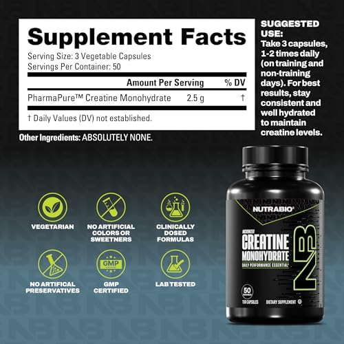 Creatina Monohidratada Micronizada en Cápsulas NutraBio, Suplemento para Aumentar Energía Muscular, Recuperación y Fuerza - Apta para Keto y Kosher - imagen 2