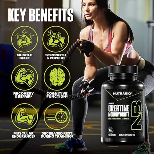Creatina Monohidratada Micronizada en Cápsulas NutraBio, Suplemento para Aumentar Energía Muscular, Recuperación y Fuerza - Apta para Keto y Kosher - imagen 3
