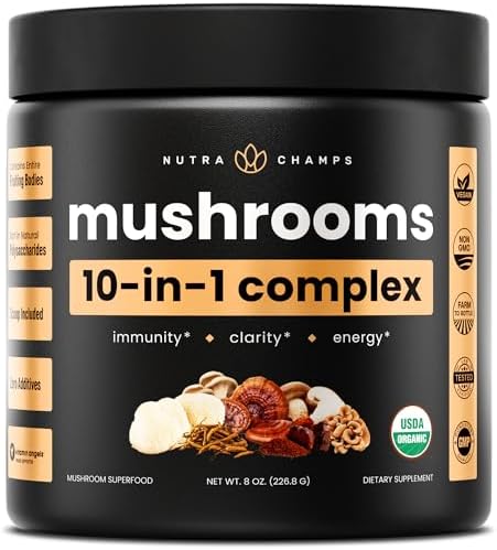 NutraChamps Polvo Orgánico de Hongos - Complejo 10 en 1 - Suplemento en Polvo para Memoria, Concentración y Apoyo Inmunológico - 227g - imagen 1
