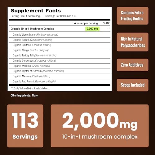 NutraChamps Polvo Orgánico de Hongos - Complejo 10 en 1 - Suplemento en Polvo para Memoria, Concentración y Apoyo Inmunológico - 227g - imagen 6