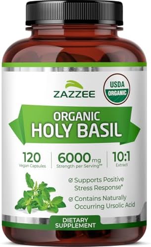 Zazzee Extracto de Albahaca Sagrada Orgánica USDA 10:1, 120 Cápsulas Veganas, Suministro para 4 Meses, Antioxidante y Apoyo al Estrés, Hecho en EE. - imagen 1