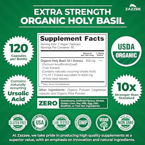 Zazzee Extracto de Albahaca Sagrada Orgánica USDA 10:1, 120 Cápsulas Veganas, Suministro para 4 Meses, Antioxidante y Apoyo al Estrés, Hecho en EE. - imagen 3