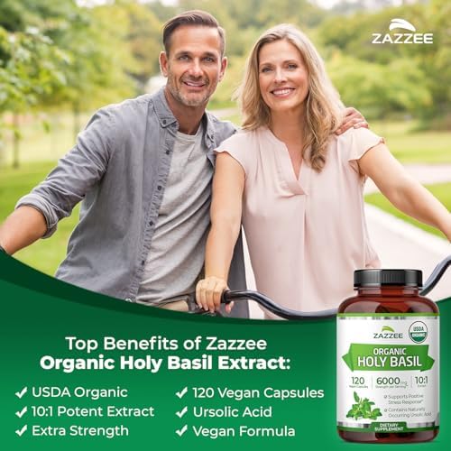 Zazzee Extracto de Albahaca Sagrada Orgánica USDA 10:1, 120 Cápsulas Veganas, Suministro para 4 Meses, Antioxidante y Apoyo al Estrés, Hecho en EE. - imagen 4