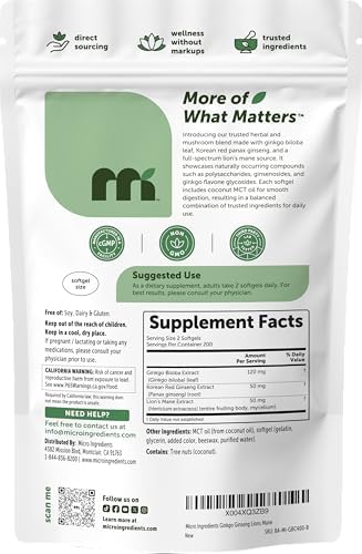 Micro Ingredients Ginkgo Biloba 120 mg por porción, 400 cápsulas blandas | Mezcla de hierbas con Ginseng Panax y Melena de León | Con aceite MCT | No - imagen 7