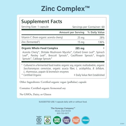 Complejo de Zinc PURE SYNERGY | Suplemento Natural y Vegano para el Sistema Inmunológico | Con Vitamina C y Alimentos Orgánicos (60 Cápsulas) - imagen 2