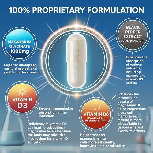 Glicinato de Magnesio 1000mg con Vitamina D3 y B6 - Suplemento Natural para Sueño, Músculos y Huesos - 120 Cápsulas - imagen 4