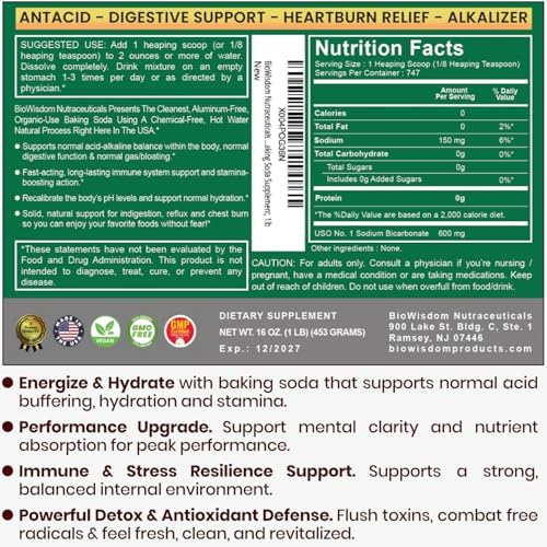 Bicarbonato de Sodio en Polvo BioWisdom Nutraceuticals, Orgánico, Grado 1, Sin Aluminio, Natural, 1lb, Suplemento para Estómago y Riñones - imagen 2