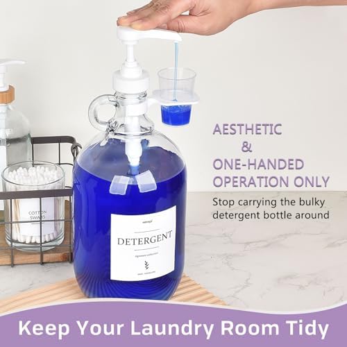 Dispensador de Detergente Líquido de Vidrio (2 Pzs) con Soportes para Tazas, 64 oz Cada Uno, Botellas con Bomba y Etiquetas para el Cuarto de Lavado - imagen 2