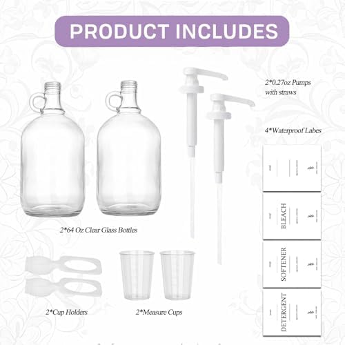 Dispensador de Detergente Líquido de Vidrio (2 Pzs) con Soportes para Tazas, 64 oz Cada Uno, Botellas con Bomba y Etiquetas para el Cuarto de Lavado - imagen 3