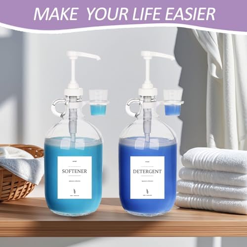 Dispensador de Detergente Líquido de Vidrio (2 Pzs) con Soportes para Tazas, 64 oz Cada Uno, Botellas con Bomba y Etiquetas para el Cuarto de Lavado - imagen 4