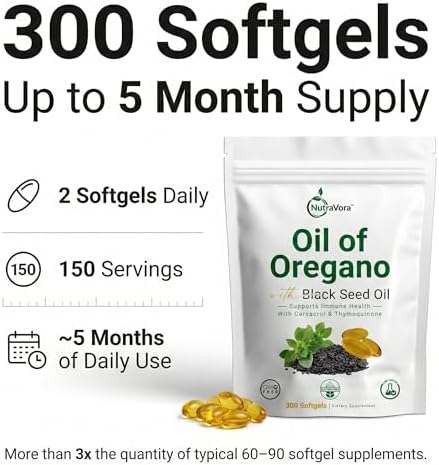 Cápsulas de Aceite de Orégano con Aceite de Semilla Negra NutraVora – Suplemento Natural para Inmunidad y Respiración – Alta Potencia con Carvacrol y - imagen 3