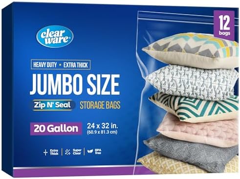 Paquete de 12 Bolsas Plásticas Grandes con Cierre, Tamaño 20 Galones 24 x 32, Bolsas de Almacenamiento Extra Grandes, para Ropa, Viajes y Mudanzas, - imagen 1
