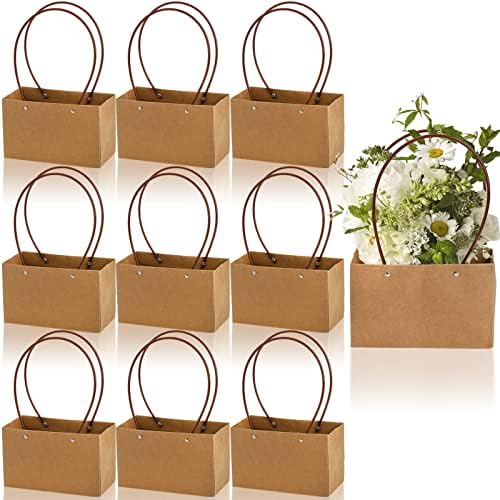 DEAYOU Paquete de 10 Bolsas de Papel Kraft para Regalos, Bolsa de Bouquet Marrón con Asa, Tote Pequeña Impermeable para Arreglos Florales y Fiestas - imagen 1